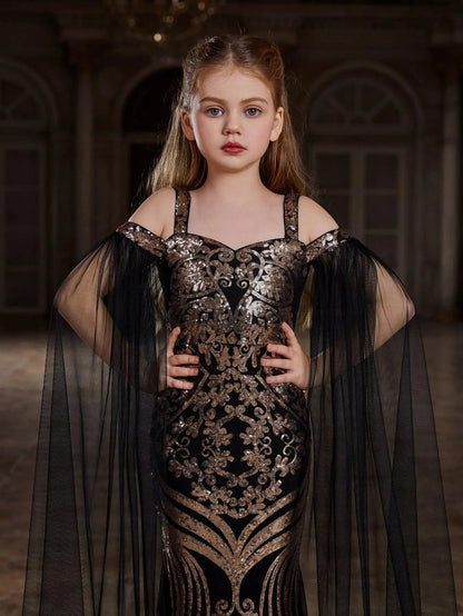 Additional product view of Cloak-Sleeve Off-Shoulder Sequin Mermaid Maxi Tween Girls' Party Dress