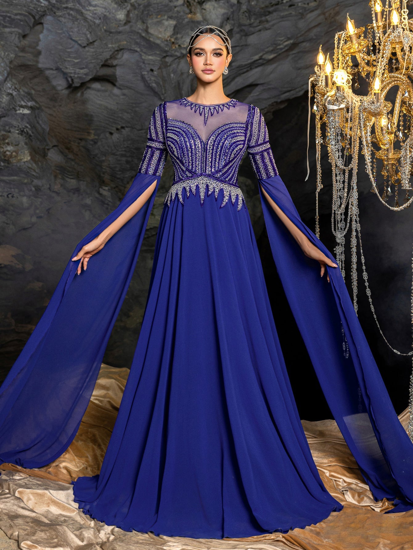Gorgeous Chiffon Evening Gown with Sequins, Beads & Geometric V-Details, Long Sleeve Cape & Full Flowing Skirt – view 3