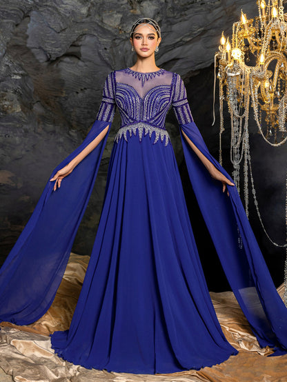 Gorgeous Chiffon Evening Gown with Sequins, Beads & Geometric V-Details, Long Sleeve Cape & Full Flowing Skirt – view 3
