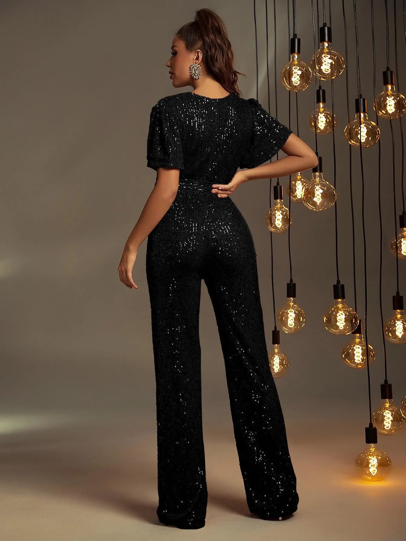 V-Neck Sequin Short-Sleeve Formal Jumpsuit — authorized product image 2