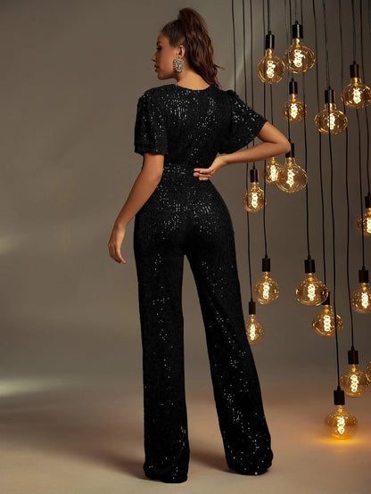 V-Neck Sequin Short-Sleeve Formal Jumpsuit — authorized product image 2