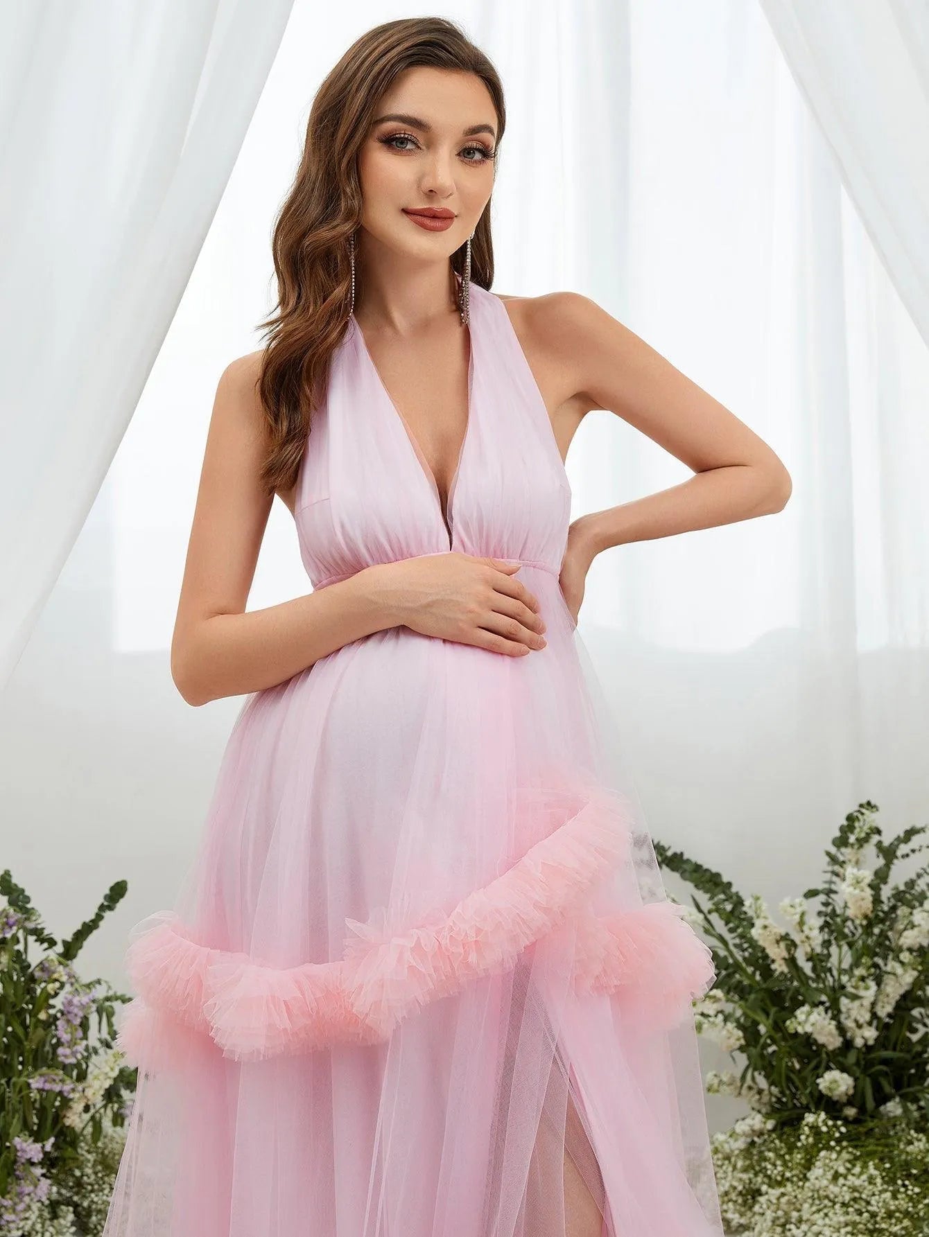 Maternity Maxi Halter Neck Layered Frill Trim Dress – view 6