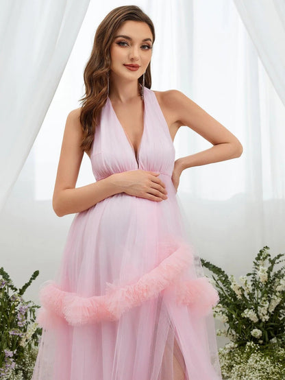 Maternity Maxi Halter Neck Layered Frill Trim Dress – view 6