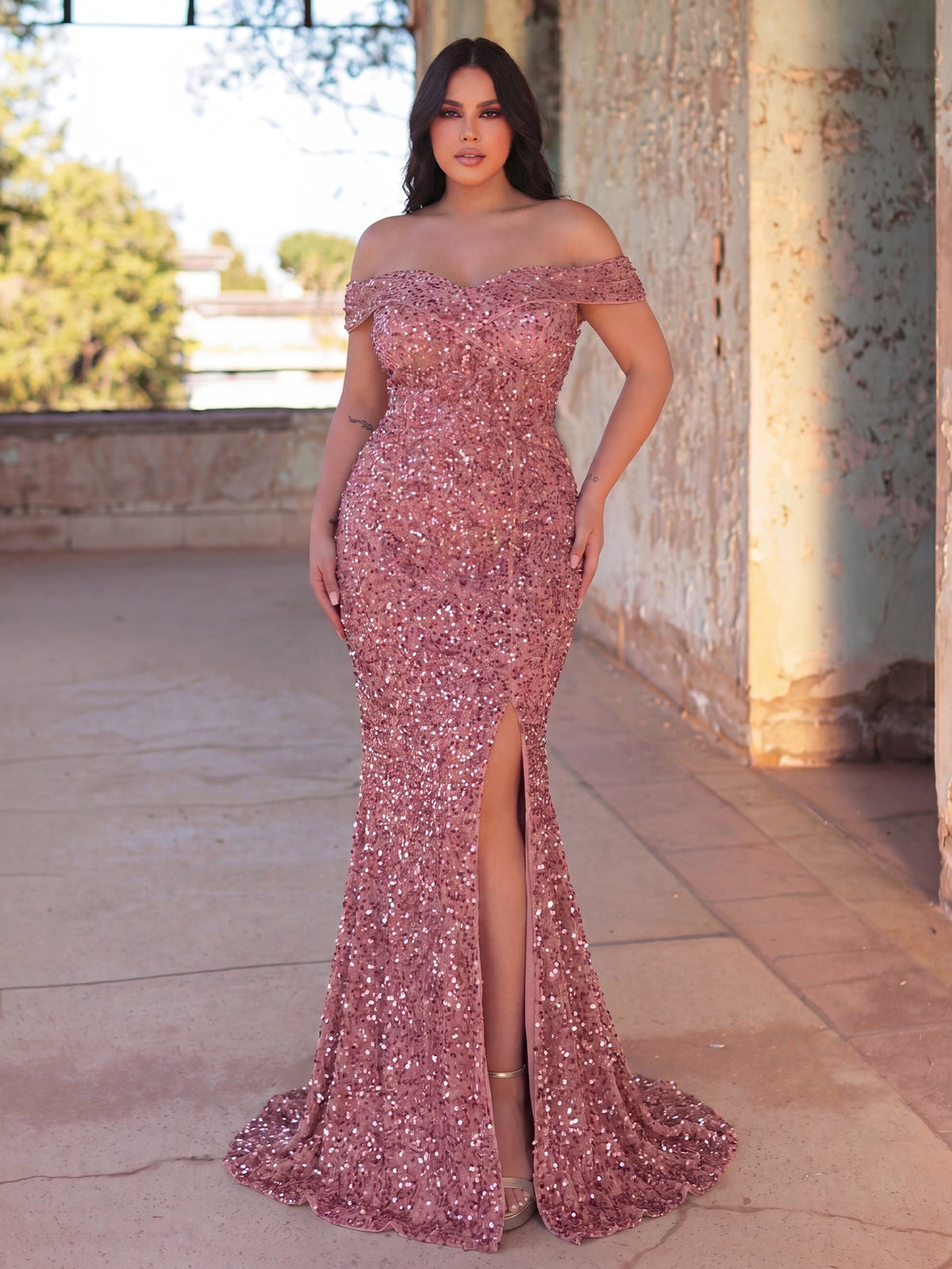 Additional product view of Plus-Size Off-Shoulder Sequin Mermaid Short-Sleeve Evening Gown