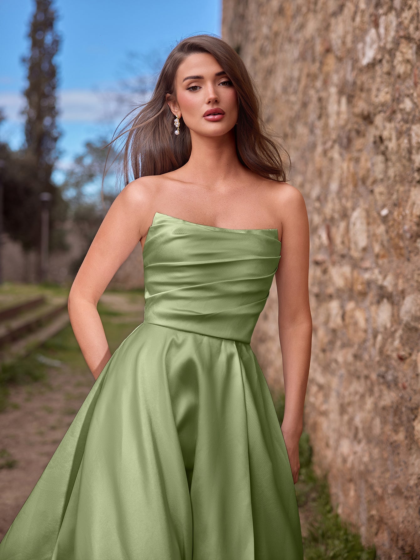 Additional view of Strapless Lace Satin Sleeveless A-Line Evening Gown