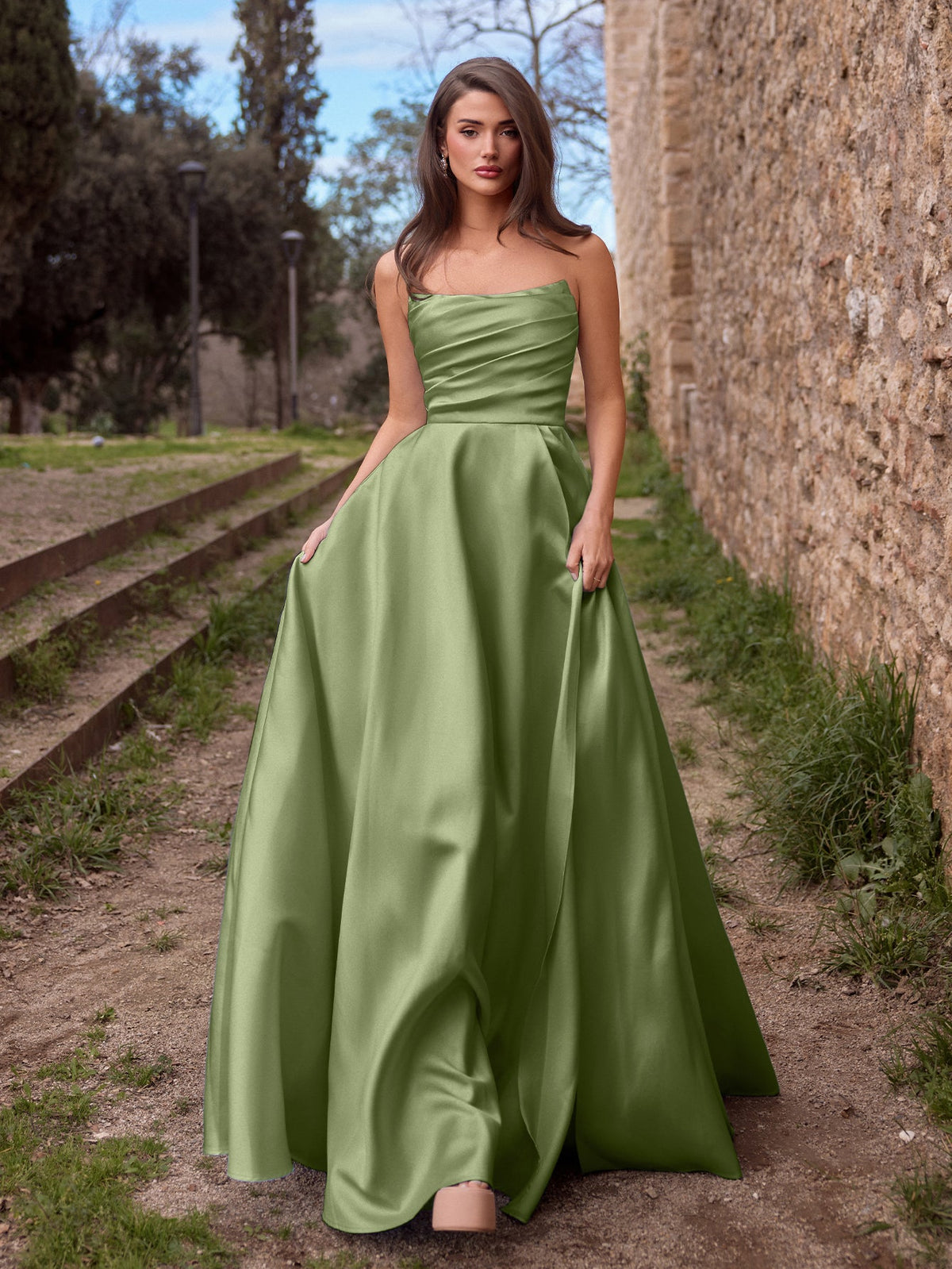 Additional view of Strapless Lace Satin Sleeveless A-Line Evening Gown
