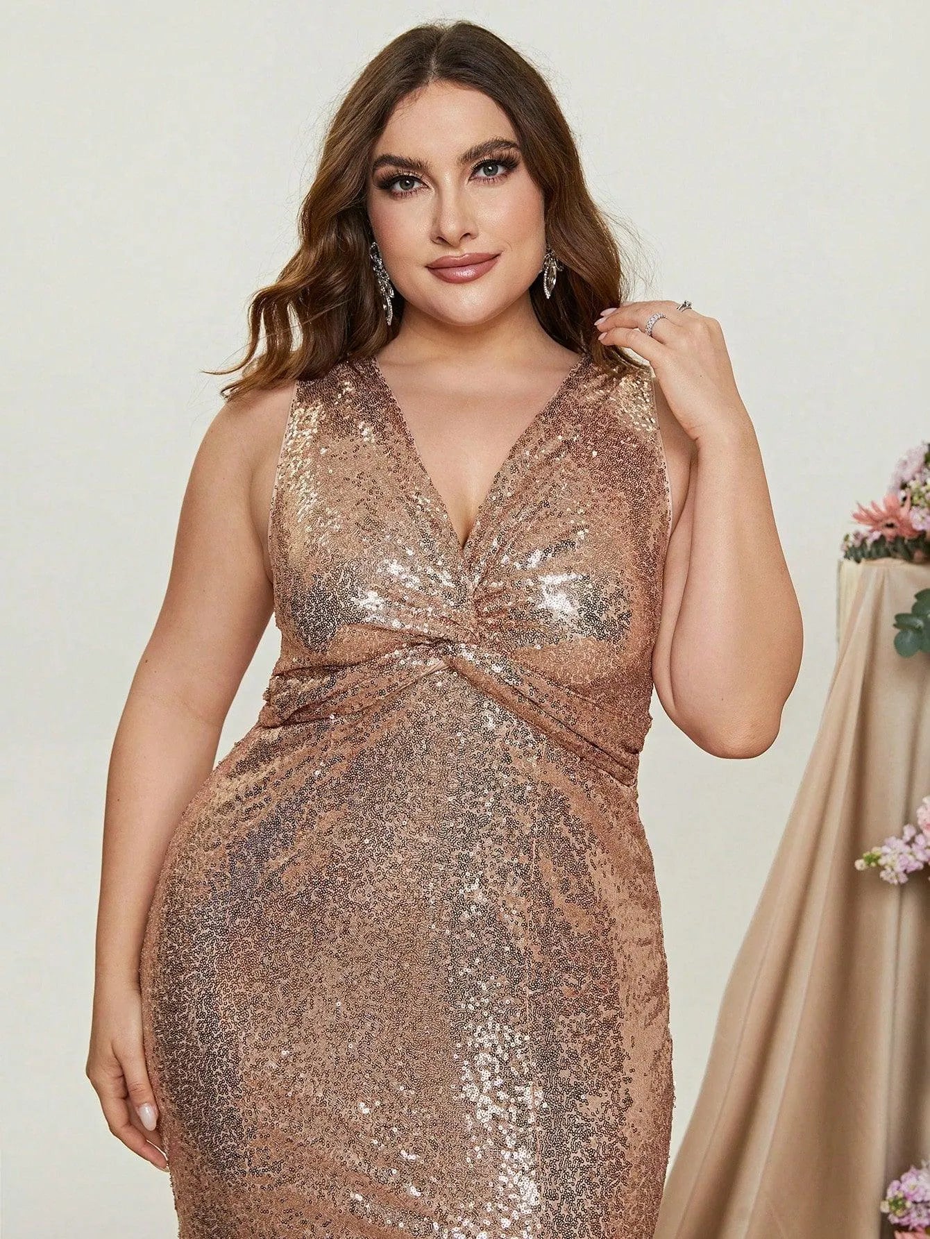 Plus V Neck Sleeveless Split Thigh Sequin Mermaid Dress