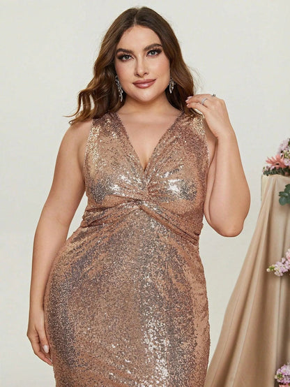 Plus V Neck Sleeveless Split Thigh Sequin Mermaid Dress