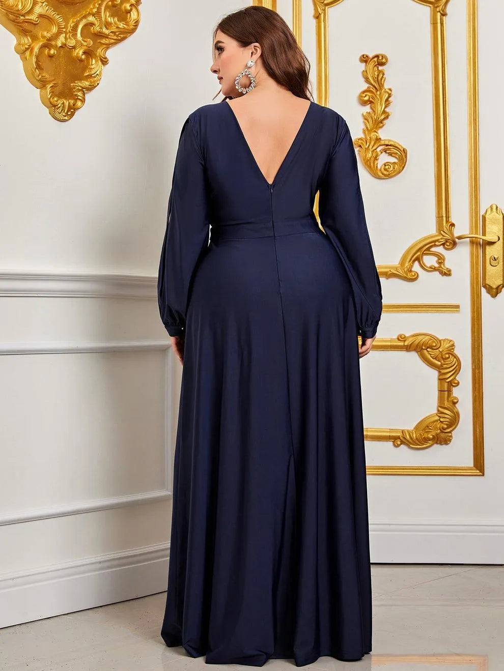 Additional product view of Plunging-Neck High-Slit Plus-Size V-Neck Knit Evening Gown
