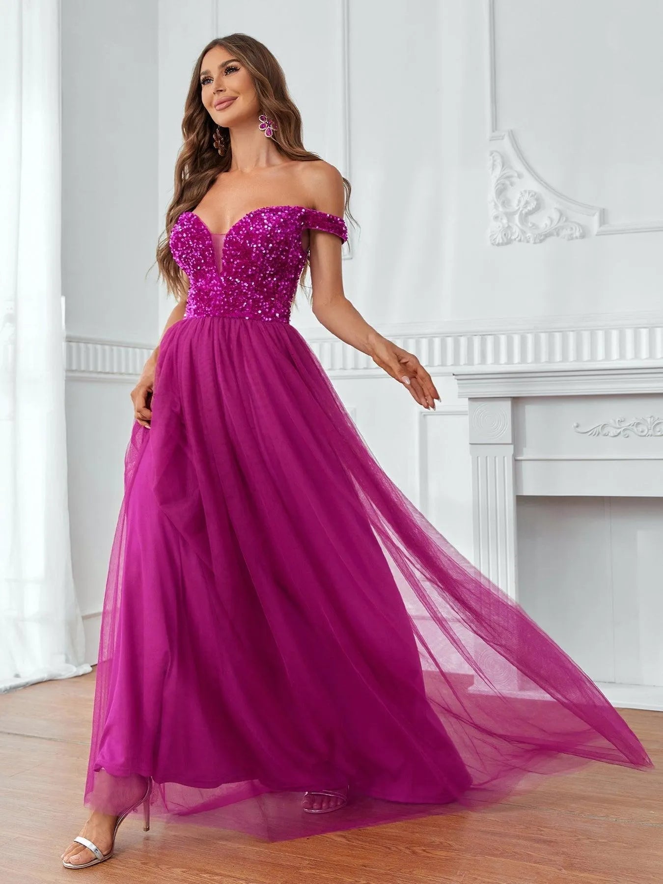 Additional product view of Contrast Mesh Sequin Bodice Off-Shoulder A-Line Short-Sleeve Evening Gown