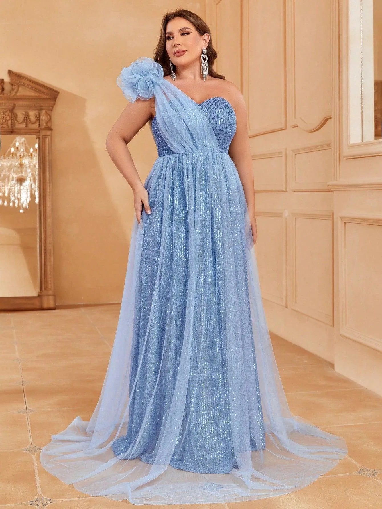 Plus-Size One-Shoulder Sequin Sleeveless A-Line Evening Gown — authorized product image 6