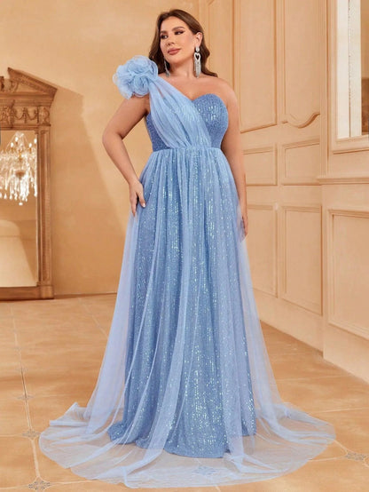 Plus-Size One-Shoulder Sequin Sleeveless A-Line Evening Gown — authorized product image 6
