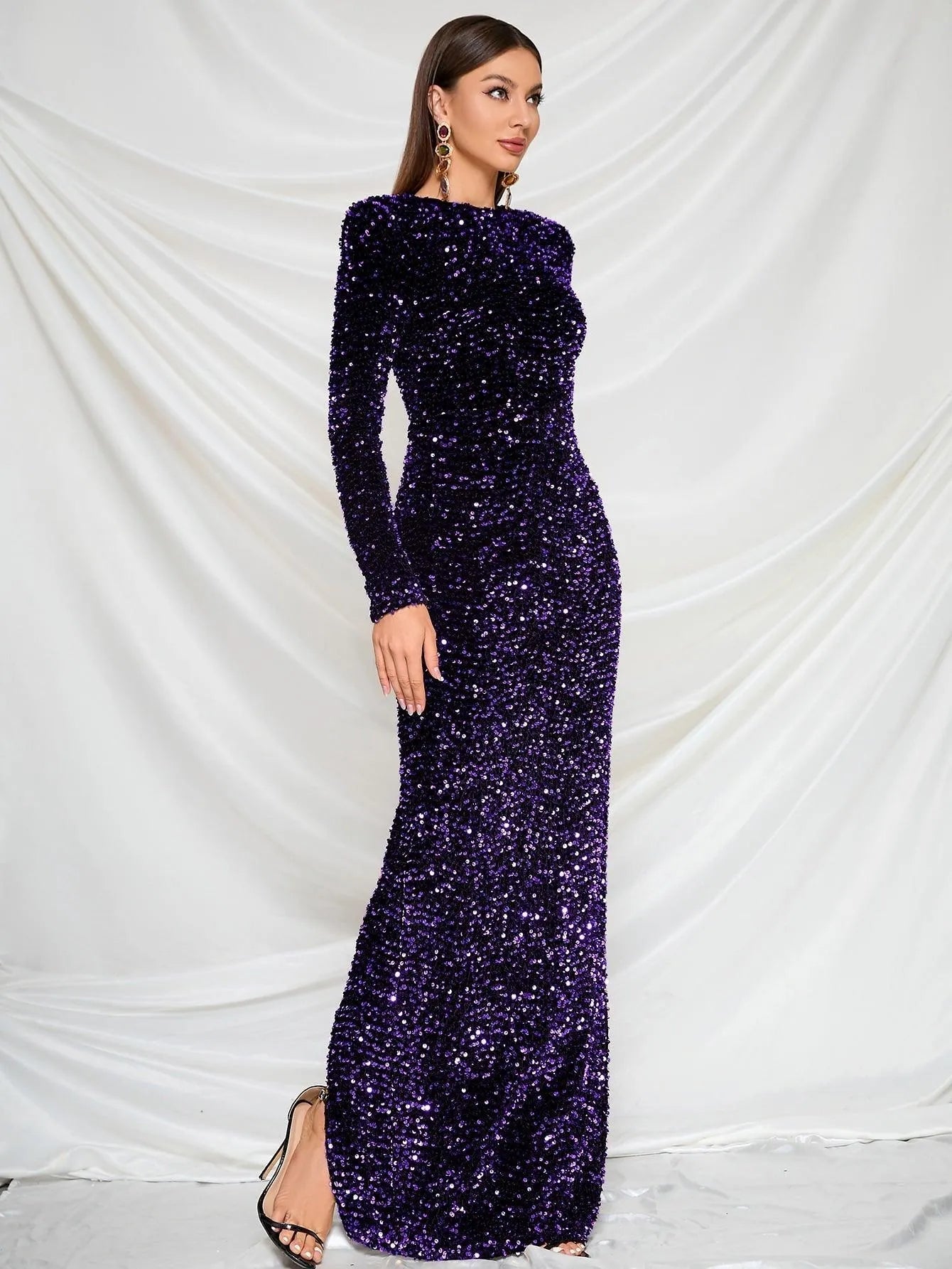Additional product view of Split Hem Mock-Neck Sequin Sheath Long-Sleeve Evening Gown