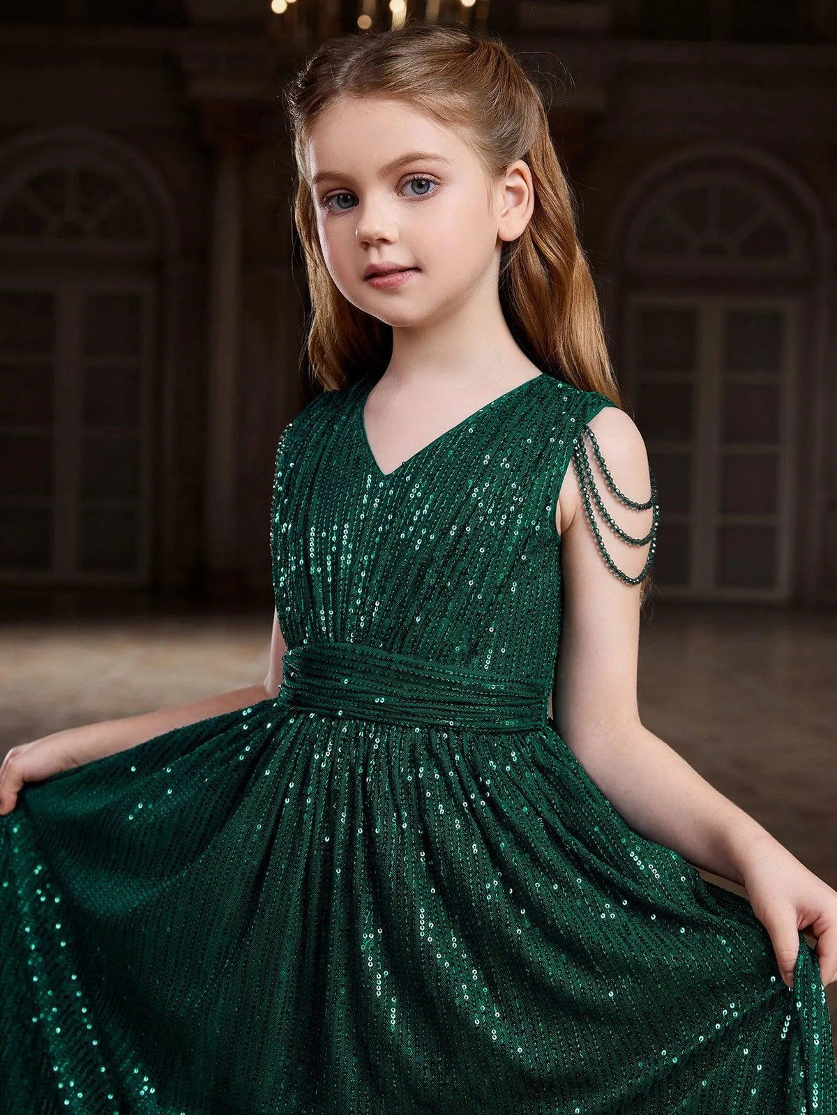Additional product view of V-Neck Sequin A-Line Sleeveless Maxi Tween Girls' Party Dress