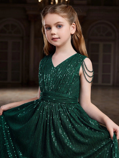 Additional product view of V-Neck Sequin A-Line Sleeveless Maxi Tween Girls' Party Dress