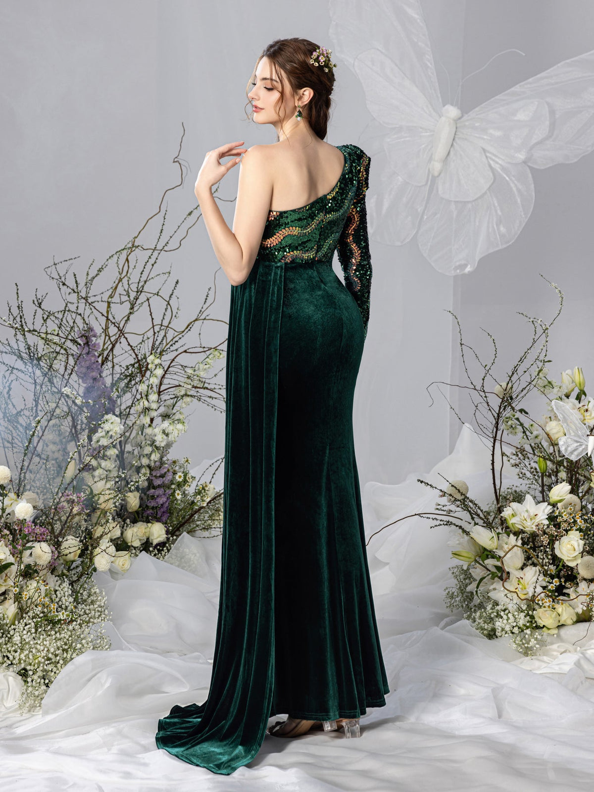 Maternity One-Shoulder Sequin Velvet Long-Sleeve Mermaid Evening Gown — authorized product image 2