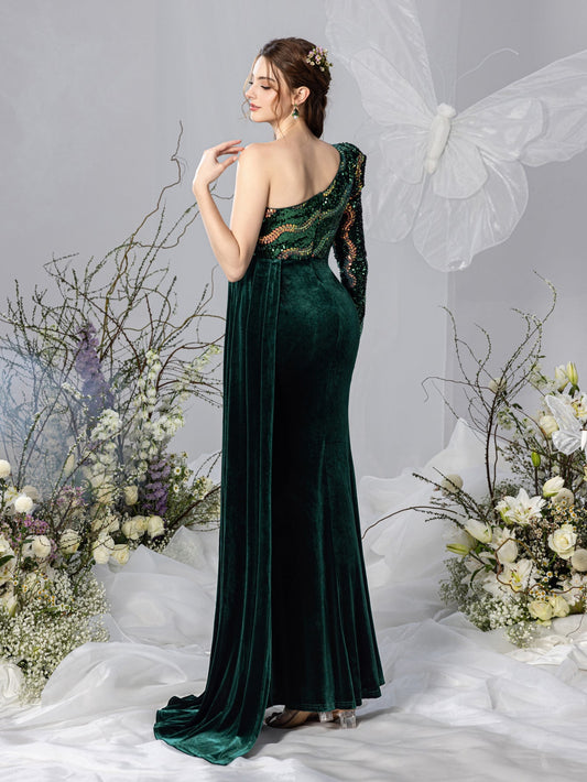 Maternity One-Shoulder Sequin Velvet Long-Sleeve Mermaid Evening Gown — authorized product image 2