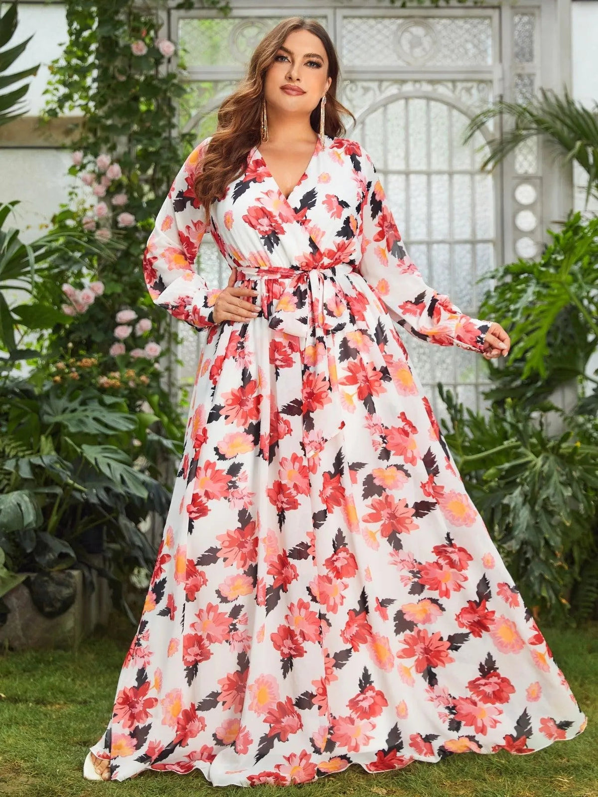Plus-Size V-Neck Chiffon Floral A-Line Maxi Formal Dress in White