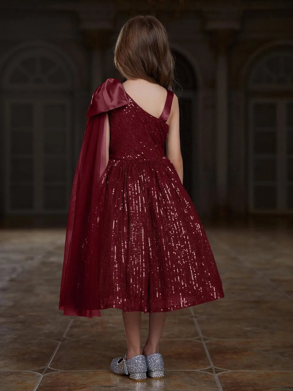 Additional product view of Draped Side Bow Detail One-Shoulder Sequin A-Line Tween Girls' Party Dress
