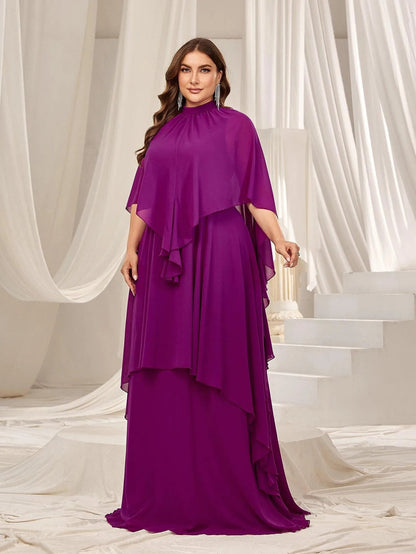 Plus Mock Neck Layered Hem Chiffon Evening Dress