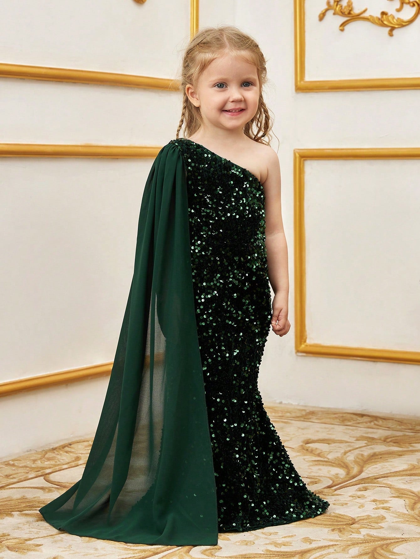 Additional product view of Draped Side One-Shoulder Sequin Mermaid Sleeveless Young Girls' Party Dress