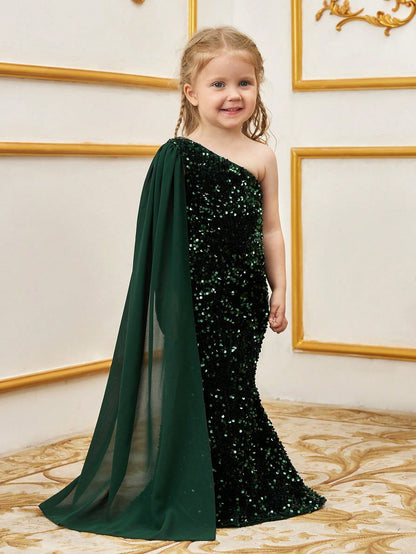 Additional product view of Draped Side One-Shoulder Sequin Mermaid Sleeveless Young Girls' Party Dress