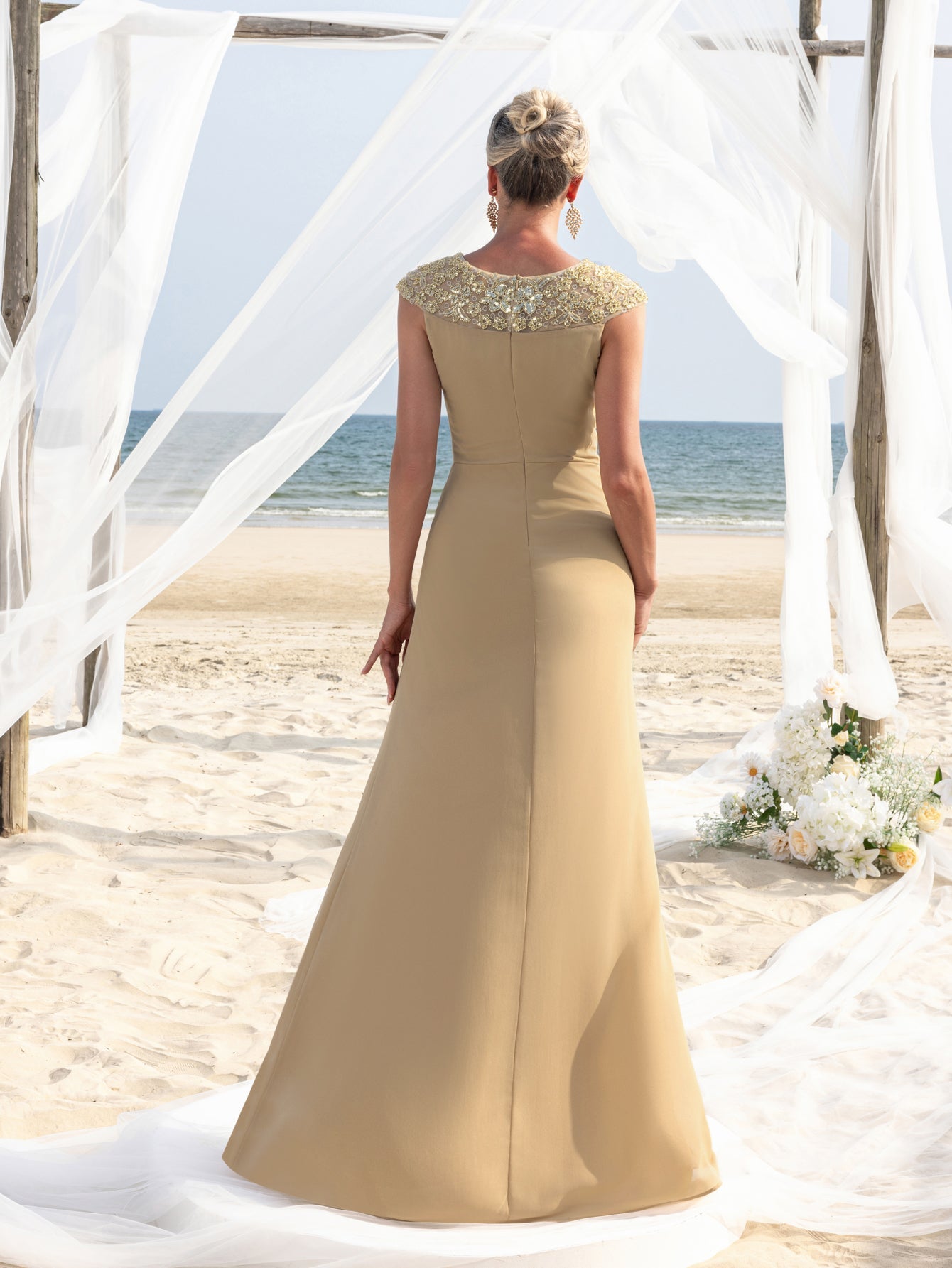 Women's Elegant Sleeveless Chiffon Floor-Length Gown with Beaded Sequin Neckline – Perfect for Weddings, Evening Events, Coastal Celebrations, and Red-Carpet Occasions – view 2