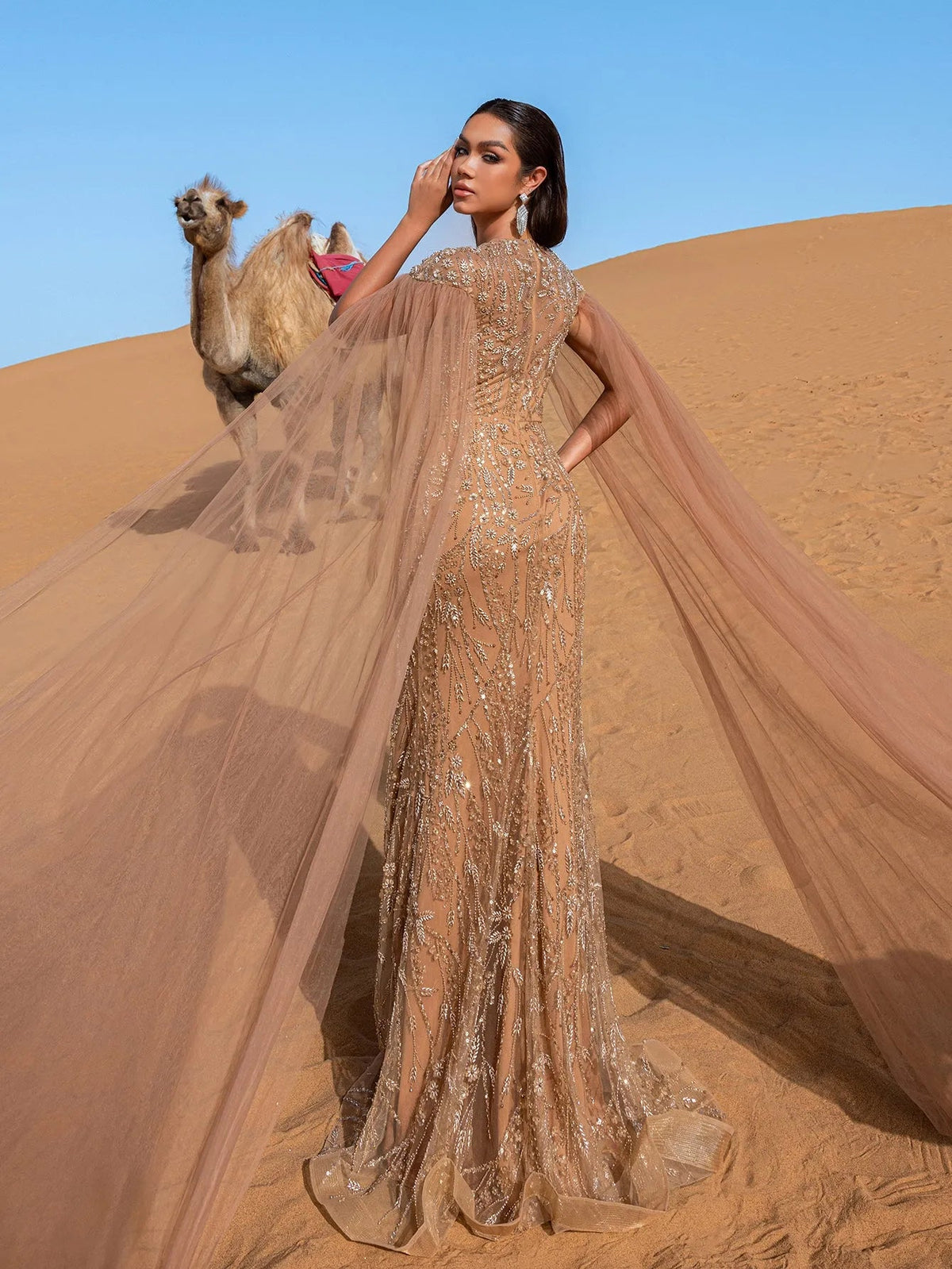 Luxury Round Neck Cloak Sleeve Mermaid Hem Beaded Evening Dress — authorized product image 2