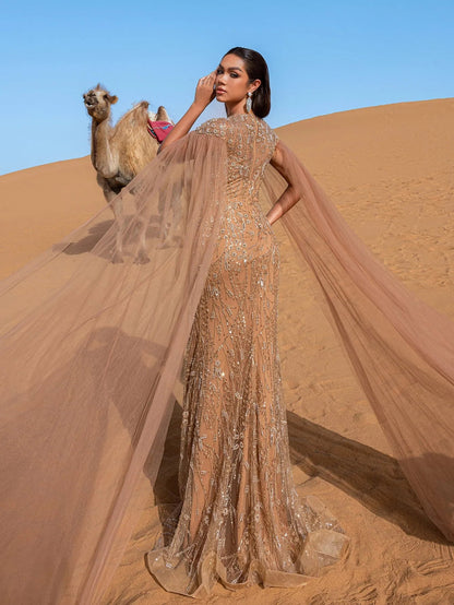 Luxury Round Neck Cloak Sleeve Mermaid Hem Beaded Evening Dress — authorized product image 2