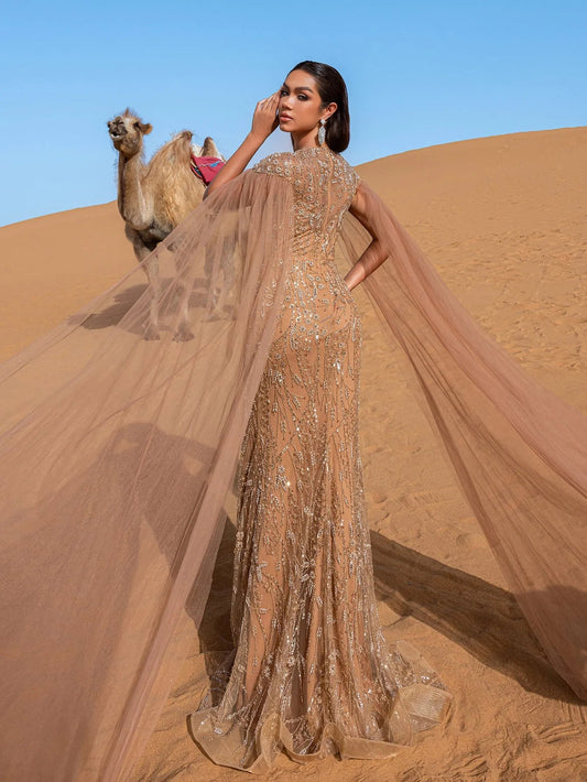Luxury Round Neck Cloak Sleeve Mermaid Hem Beaded Evening Dress — authorized product image 2