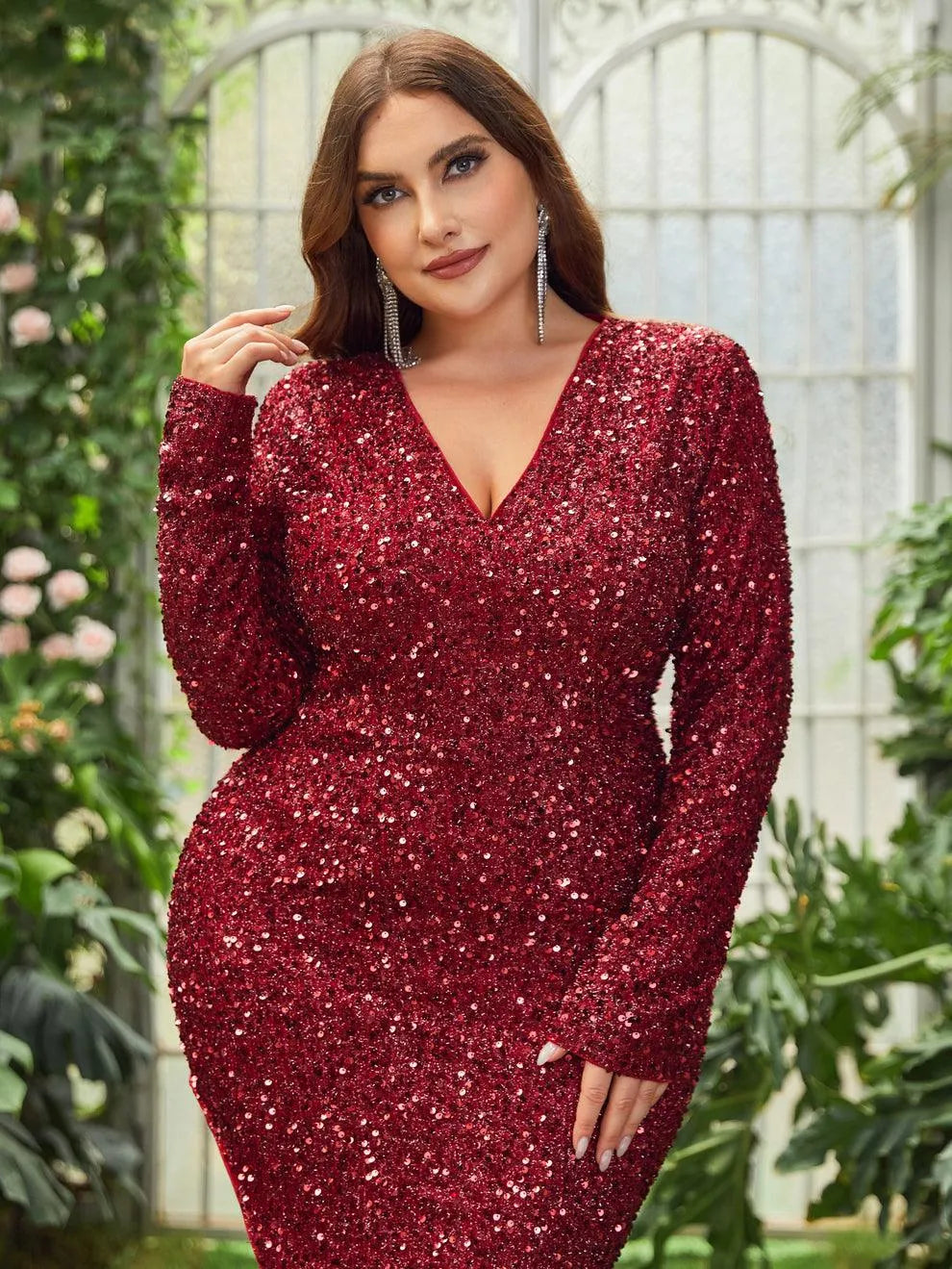 Additional product view of Surplice-Neck High-Slit Plus-Size V-Neck Sequin Evening Gown