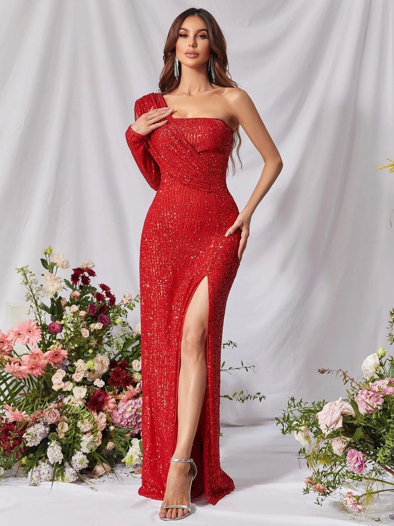 High-Slit One-Shoulder Sequin Sheath Maxi Evening Gown in Red