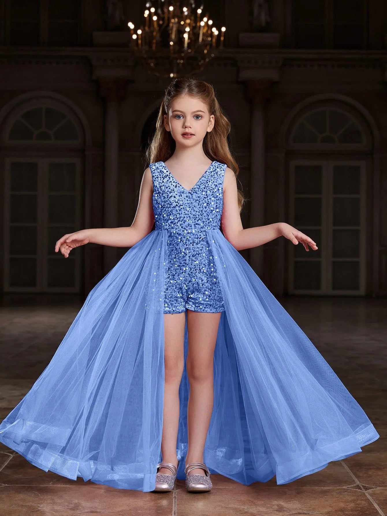 Alternate view of Mesh Overlay V-Neck Sequin Sleeveless Tween Girls' Formal Romper in Light Blue
