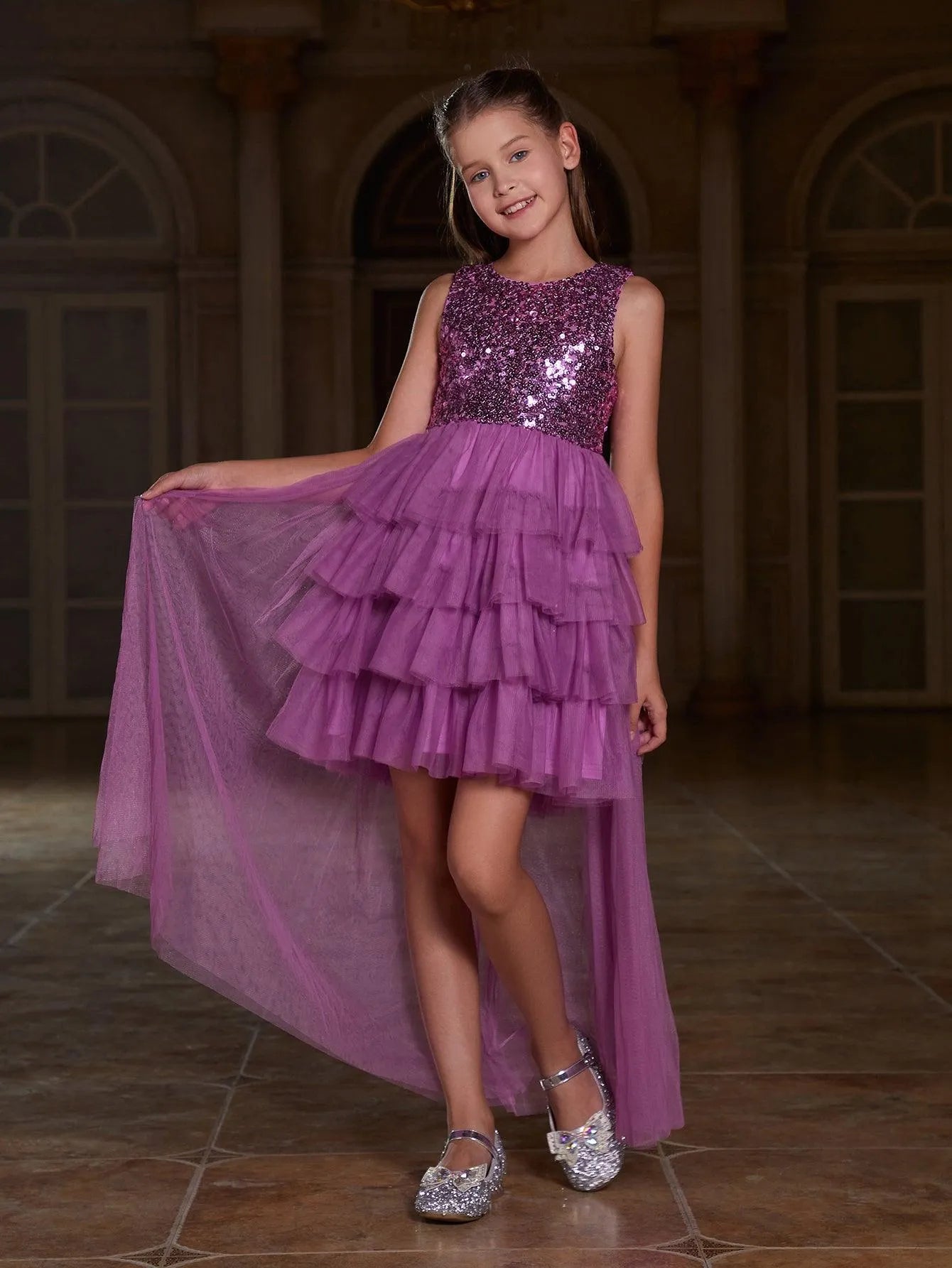 Additional product view of Layered Hem Sequin A-Line Sleeveless Mesh Round Neck Tween Girls' Party Dress