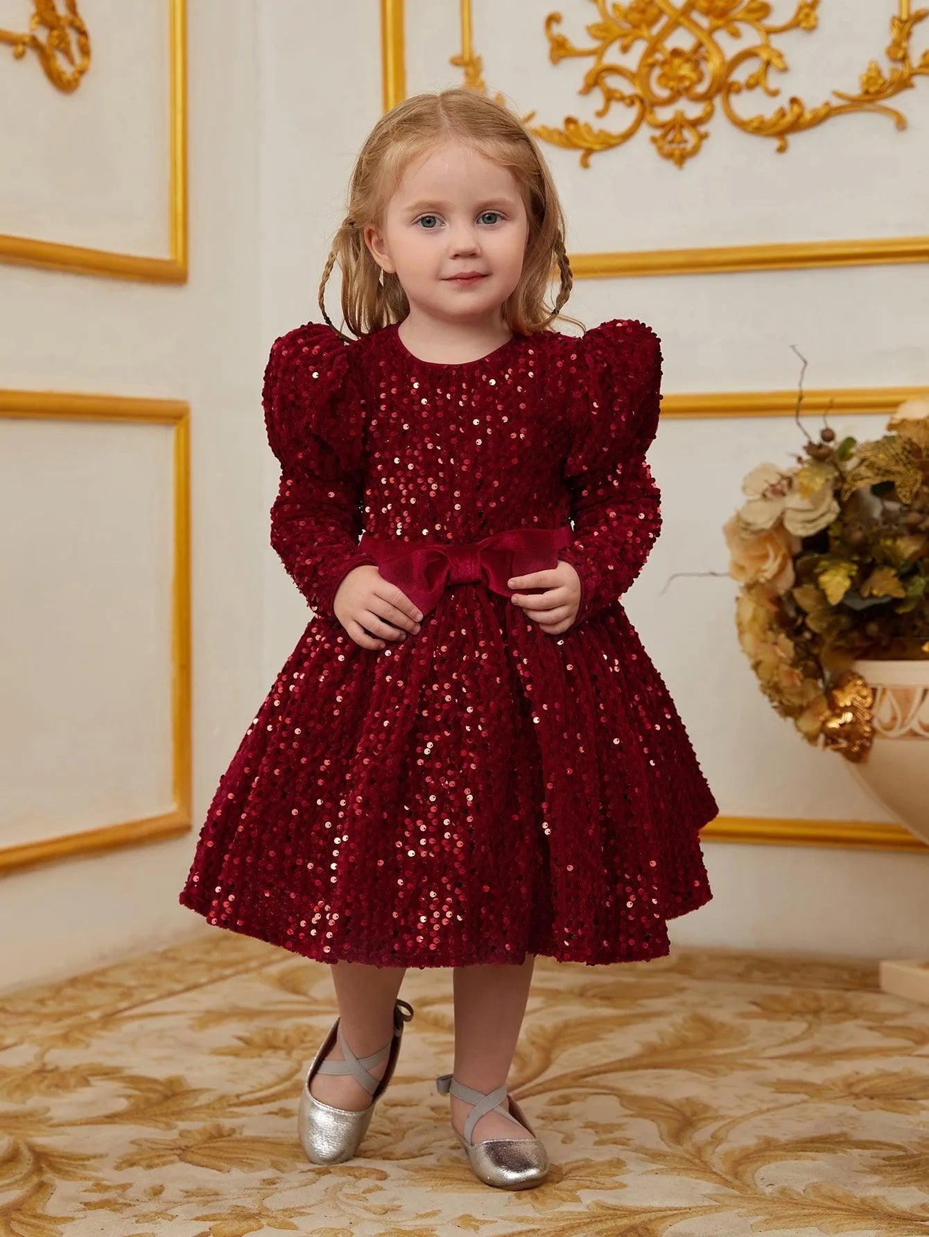 Young Girls' High Neck Sequin Long-Sleeve A-Line Formal Dress — authorized product image 3