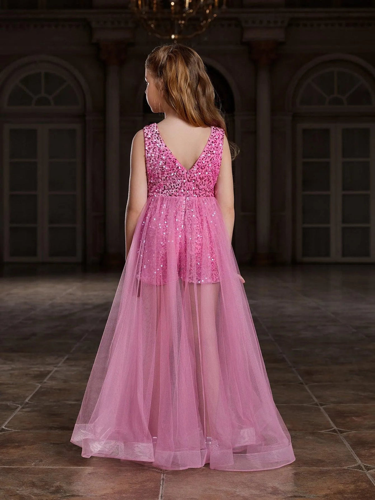 Additional product view of Mesh Overlay V-Neck Sequin Sleeveless Tween Girls' Formal Romper