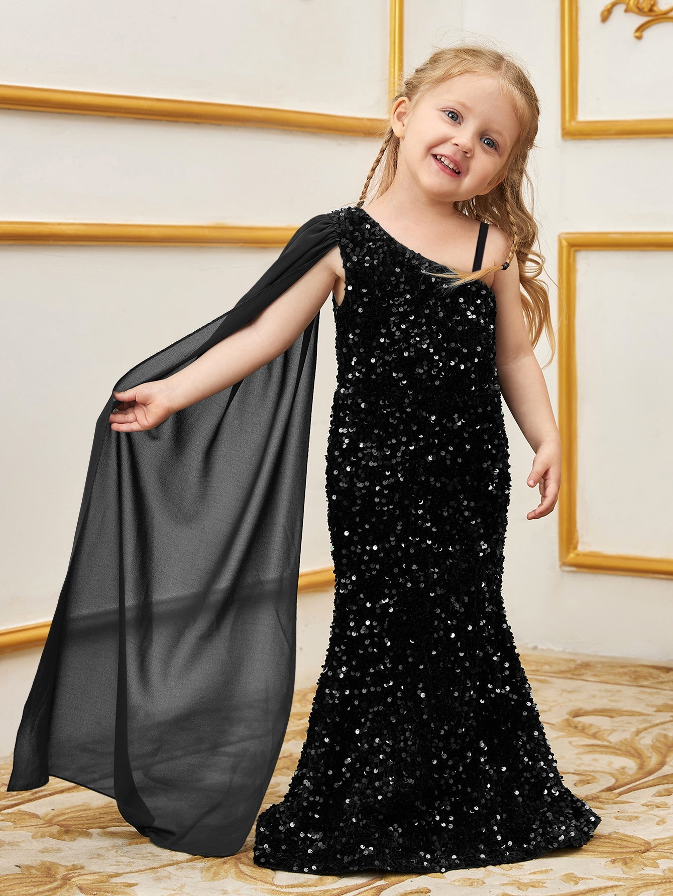 Alternate view of Draped Side One-Shoulder Sequin Mermaid Sleeveless Young Girls' Party Dress in Black