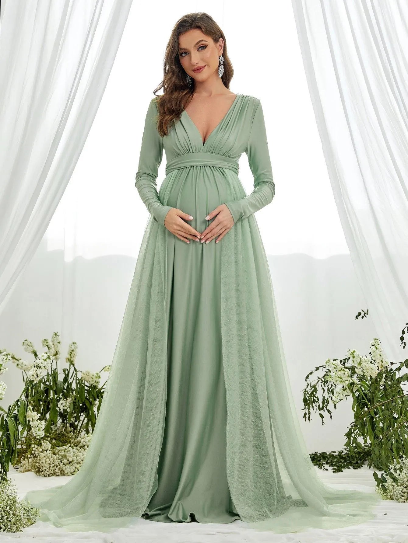 Contrast Mesh Plunging-Neck V-Neck Knit A-Line Maternity Evening Dress in Green