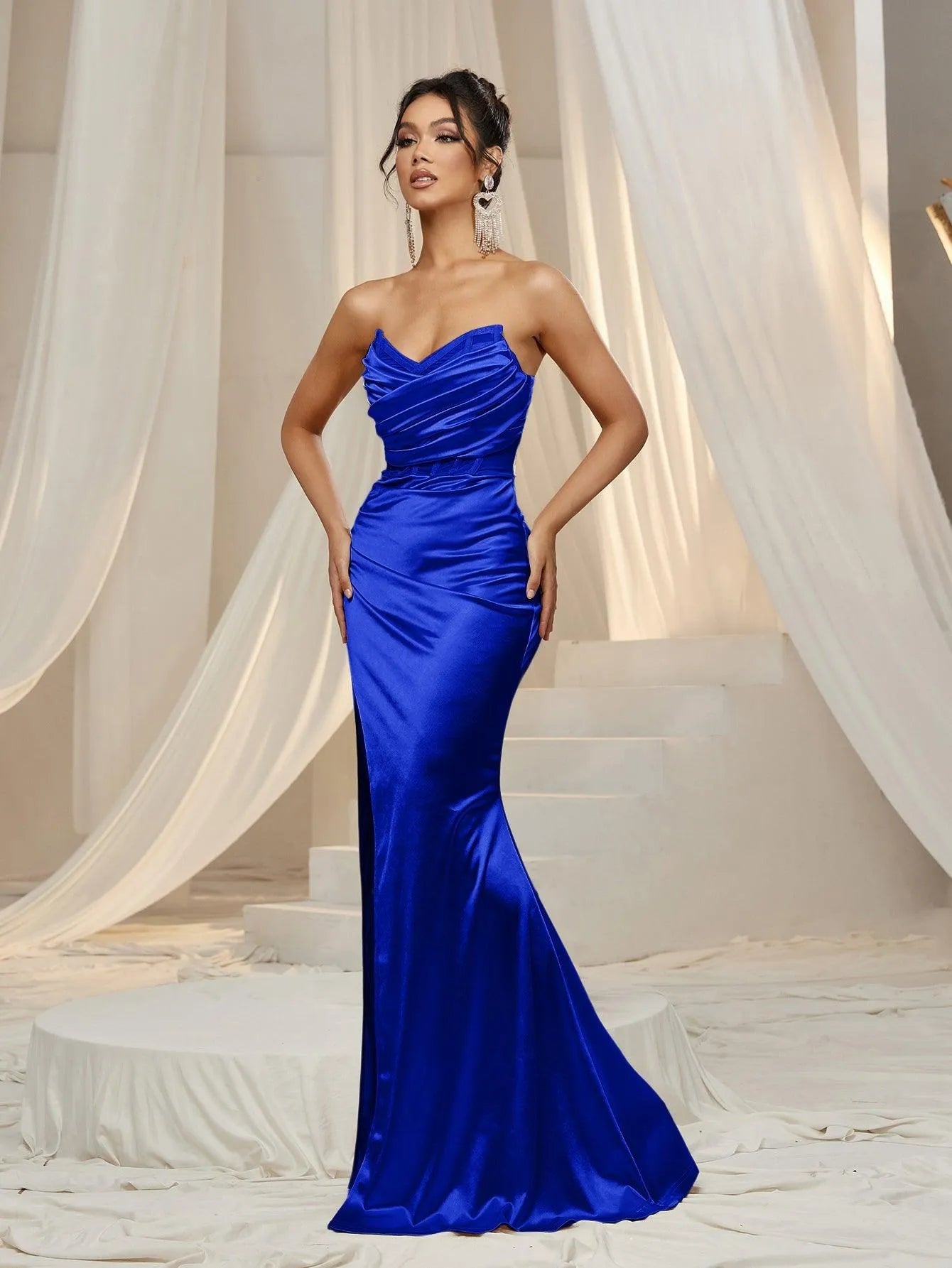 Additional product view of Ruched Wrap Mermaid Hem Strapless Satin High-Slit Evening Gown