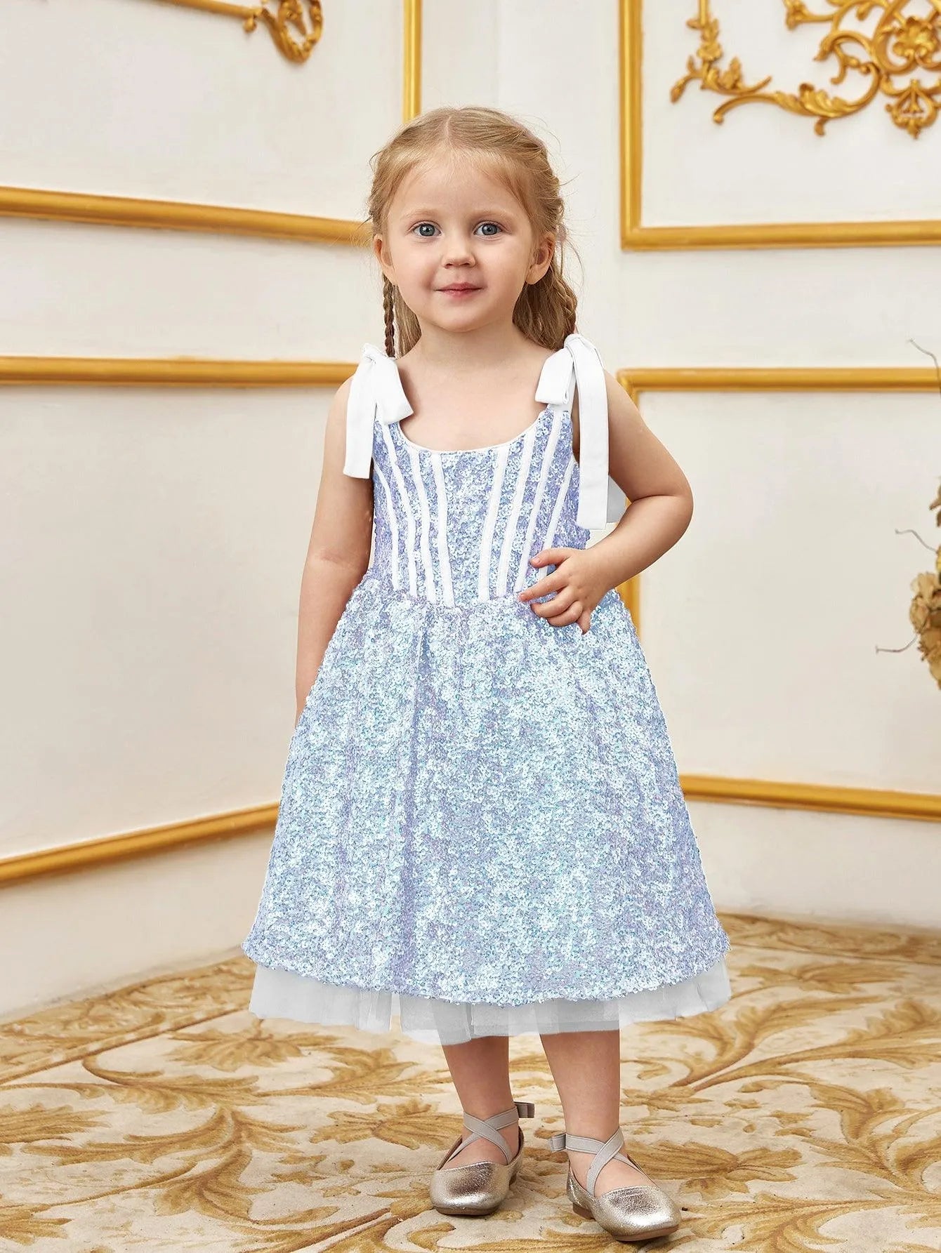 Additional product view of Cami Strap Sequin A-Line Sleeveless Midi Young Girls' Party Dress