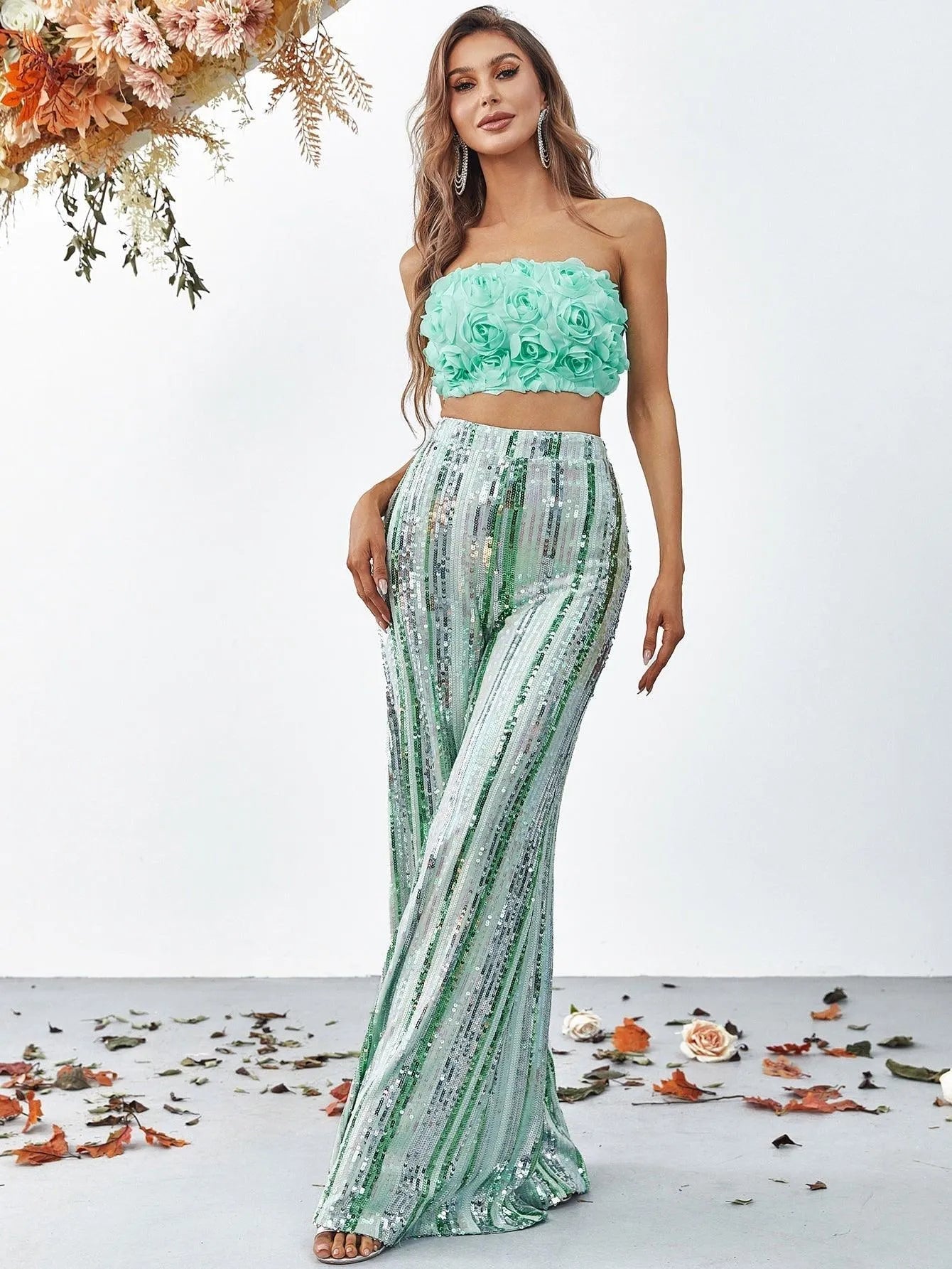3D Flowers Tube Top & Sequin Wide Leg Pants — authorized product image 3