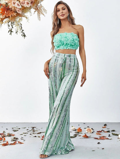 3D Flowers Tube Top & Sequin Wide Leg Pants — authorized product image 3