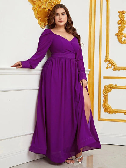 Plus Sweetheart Neck Backless Long Sleeve Chiffon A line Dress