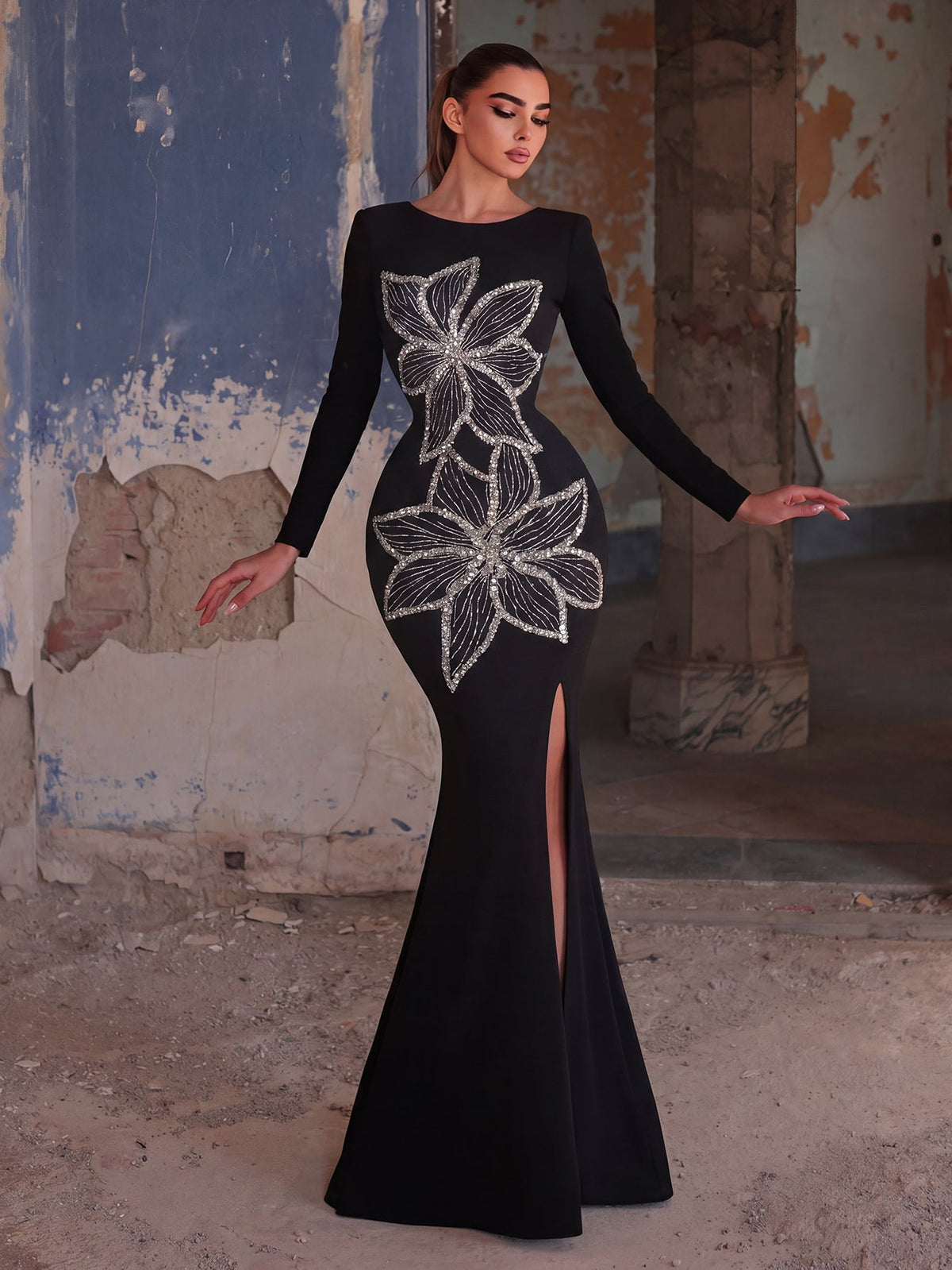 Sequin Floral Embellished Gown | High Neck Long Sleeve Maxi Dress with V-Back & High Side Slit | Formal Evening Dress for Parties, Galas, Proms