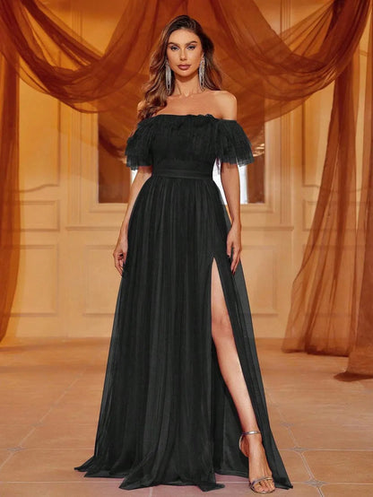 Alternate view of Ruffle Trim High-Slit Off-Shoulder Mesh A-Line Evening Gown in Black