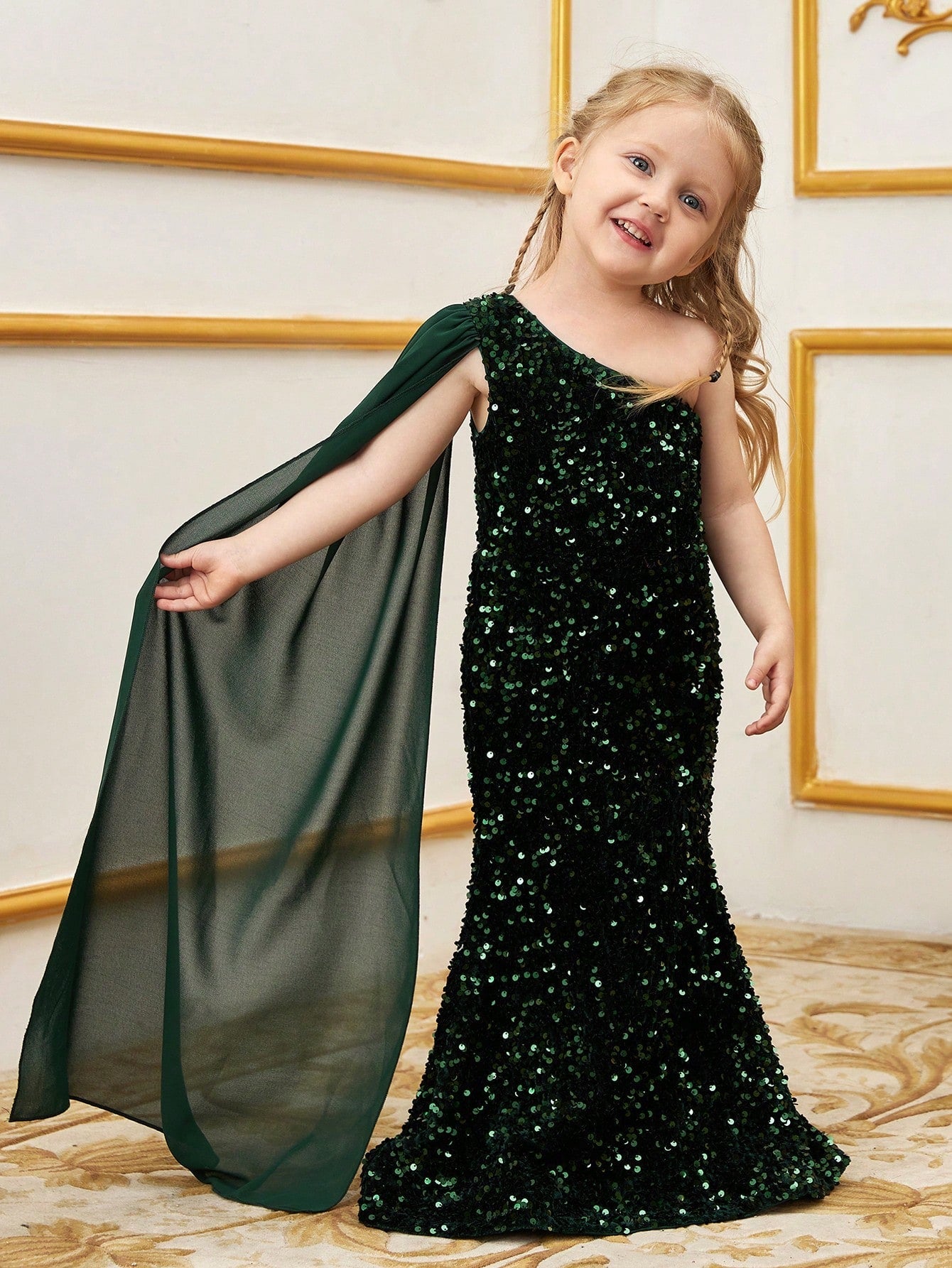 Additional product view of Draped Side One-Shoulder Sequin Mermaid Sleeveless Young Girls' Party Dress