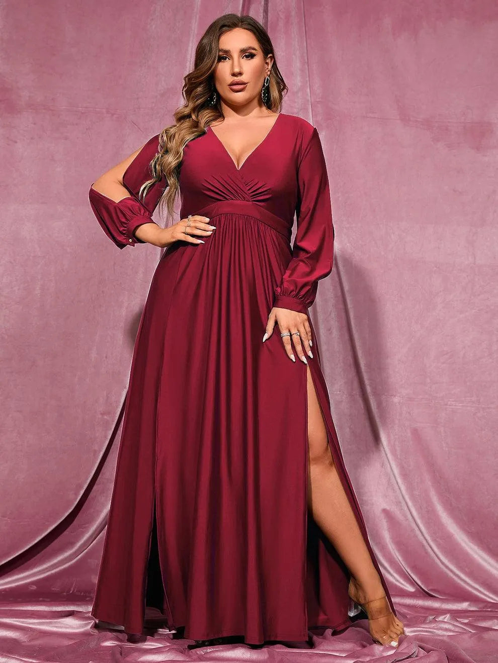 Alternate view of Plunging-Neck High-Slit Plus-Size V-Neck Knit Evening Gown in Burgundy