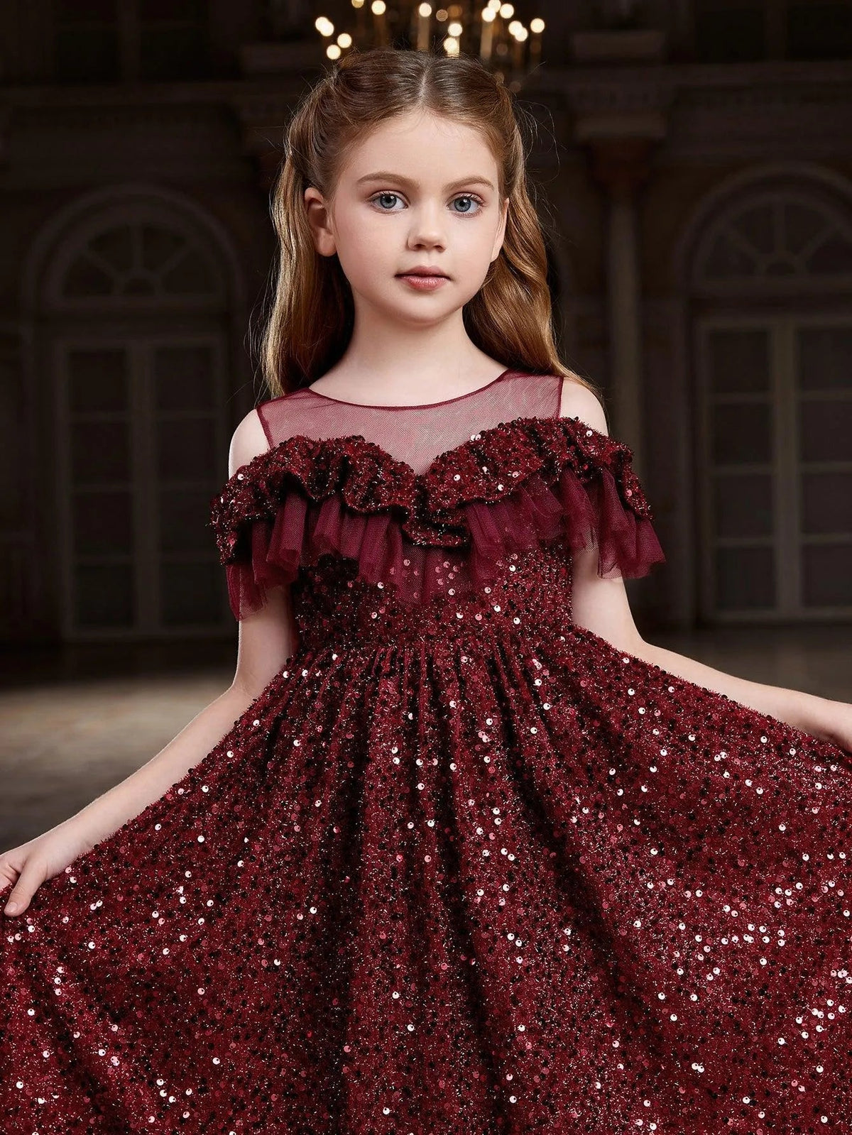 Tween Girls' Round Neck Sequin Tulle Short-Sleeve A-Line Formal Gown — authorized product image 6