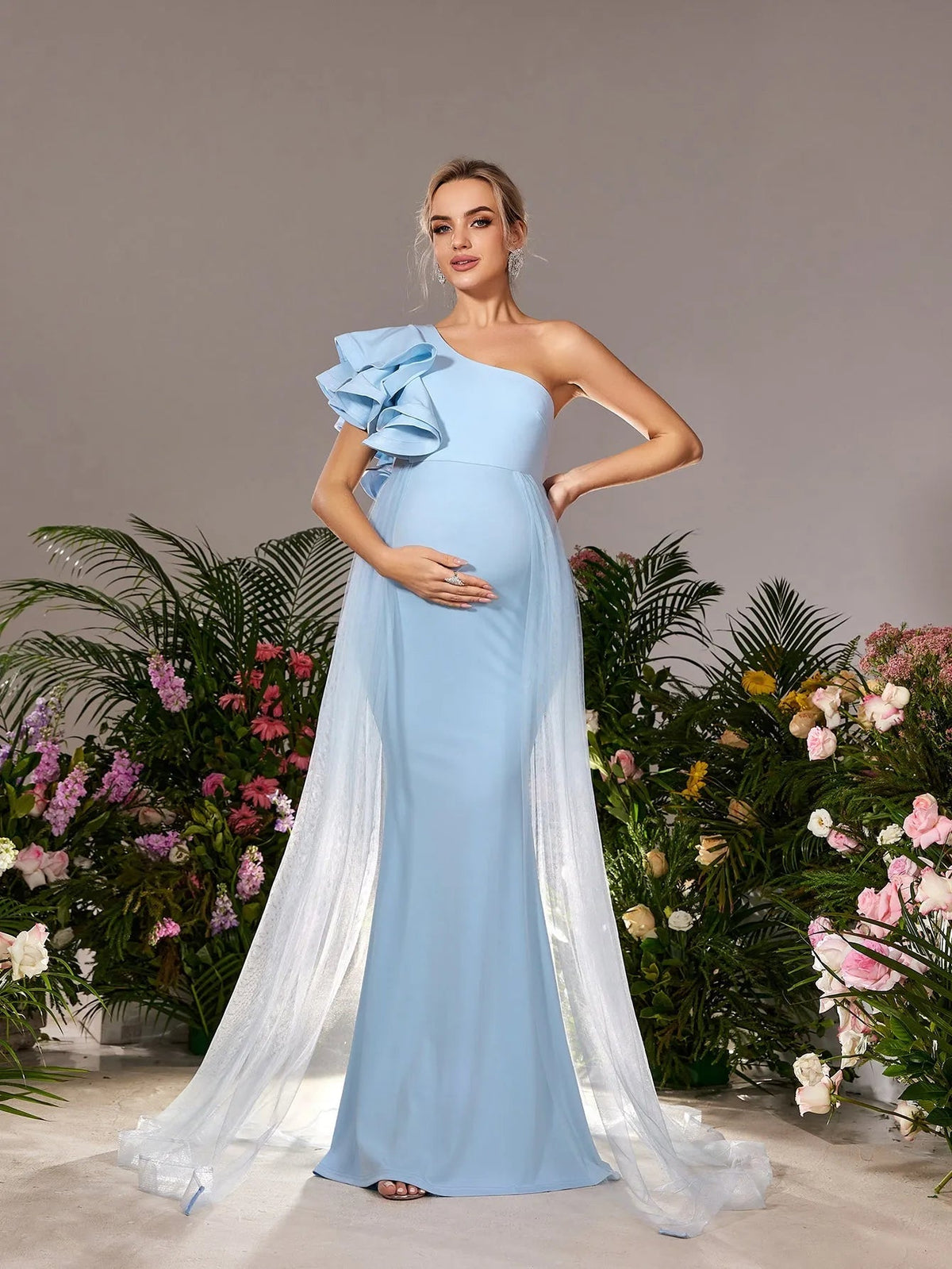 Additional product view of Mesh Overlay Ruffle Trim One-Shoulder Knit Mermaid Maternity Evening Dress