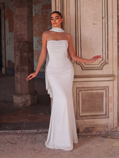 Alternate view of Backless Strapless Chiffon Mermaid Sleeveless Evening Gown in White